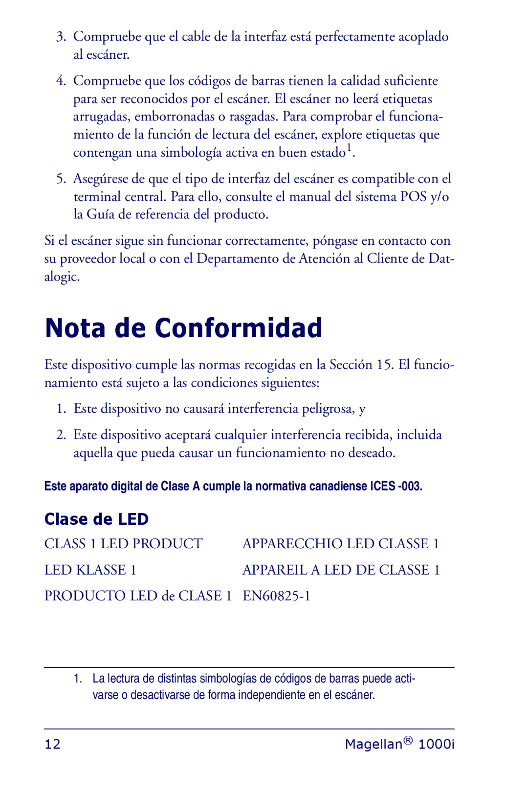 Datalogic Scanning 1000I manual Nota de Conformidad, Clase de LED 