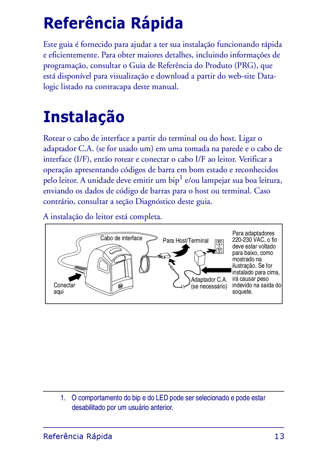 Datalogic Scanning 1000I manual Referência Rápida, Instalação 