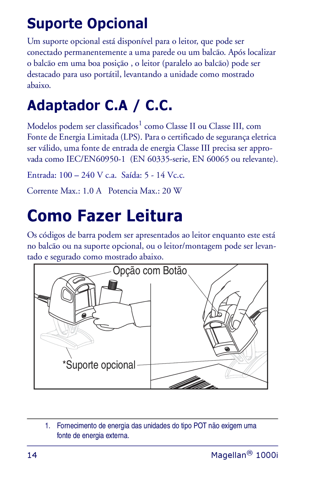 Datalogic Scanning 1000I manual Como Fazer Leitura, Suporte Opcional, Adaptador C.A / C.C 