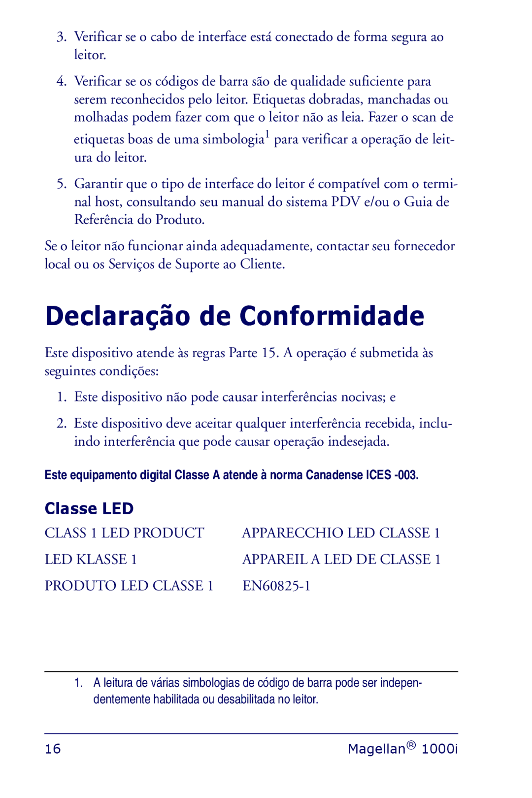 Datalogic Scanning 1000I manual Declaração de Conformidade, Produto LED Classe 