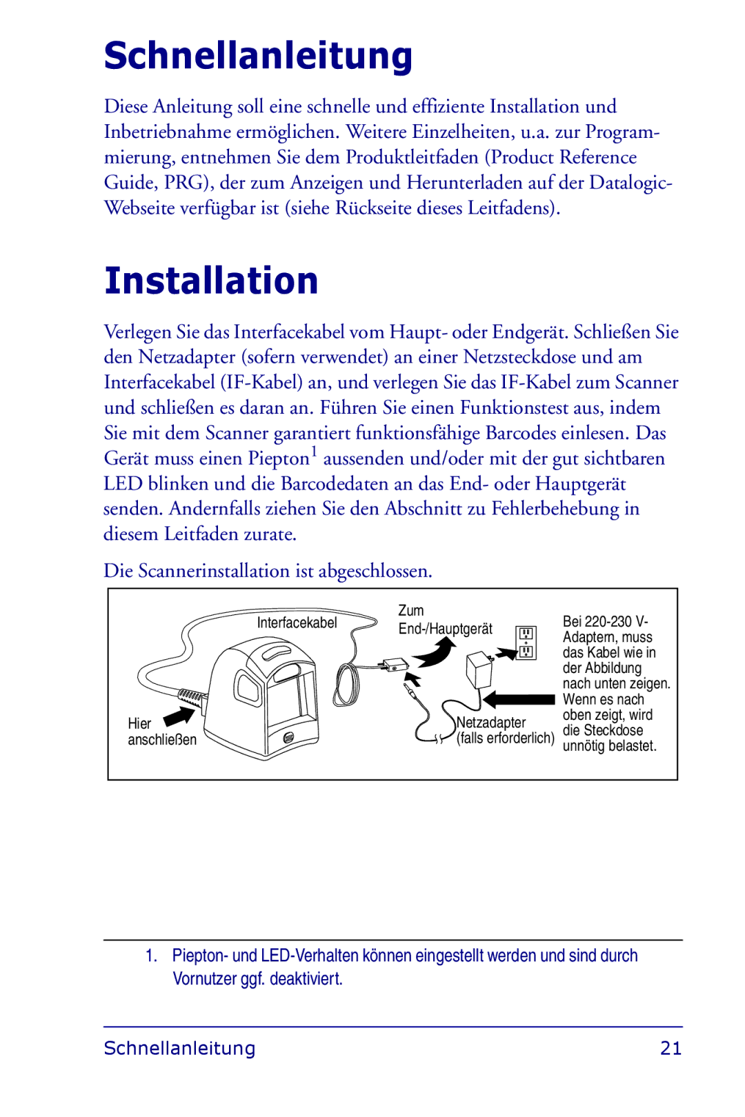 Datalogic Scanning 1000I manual Schnellanleitung, Hier anschließen Zum Interfacekabel End-/Hauptgerät 