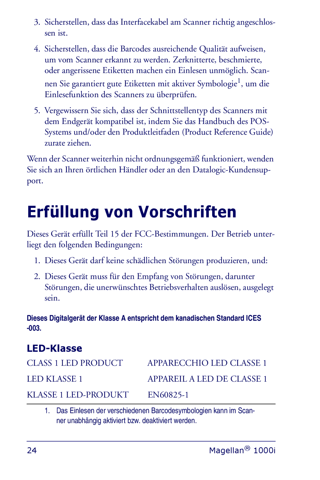 Datalogic Scanning 1000I manual Erfüllung von Vorschriften, LED-Klasse 