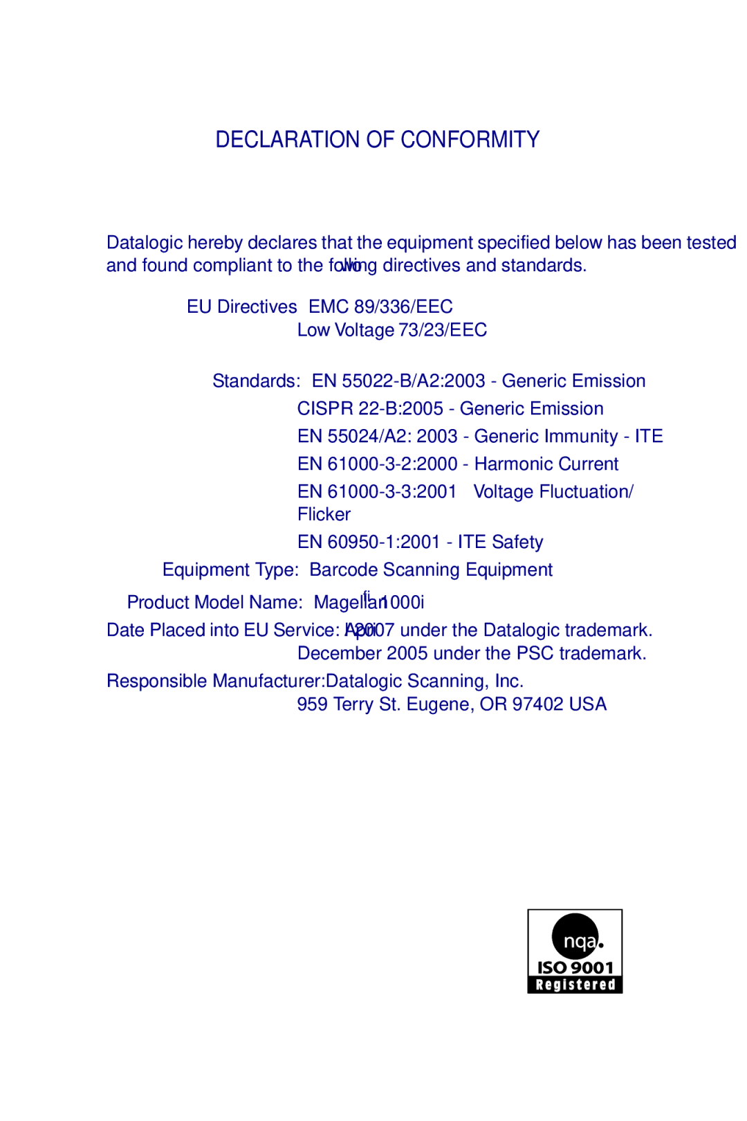 Datalogic Scanning 1000I manual Declaration of Conformity 