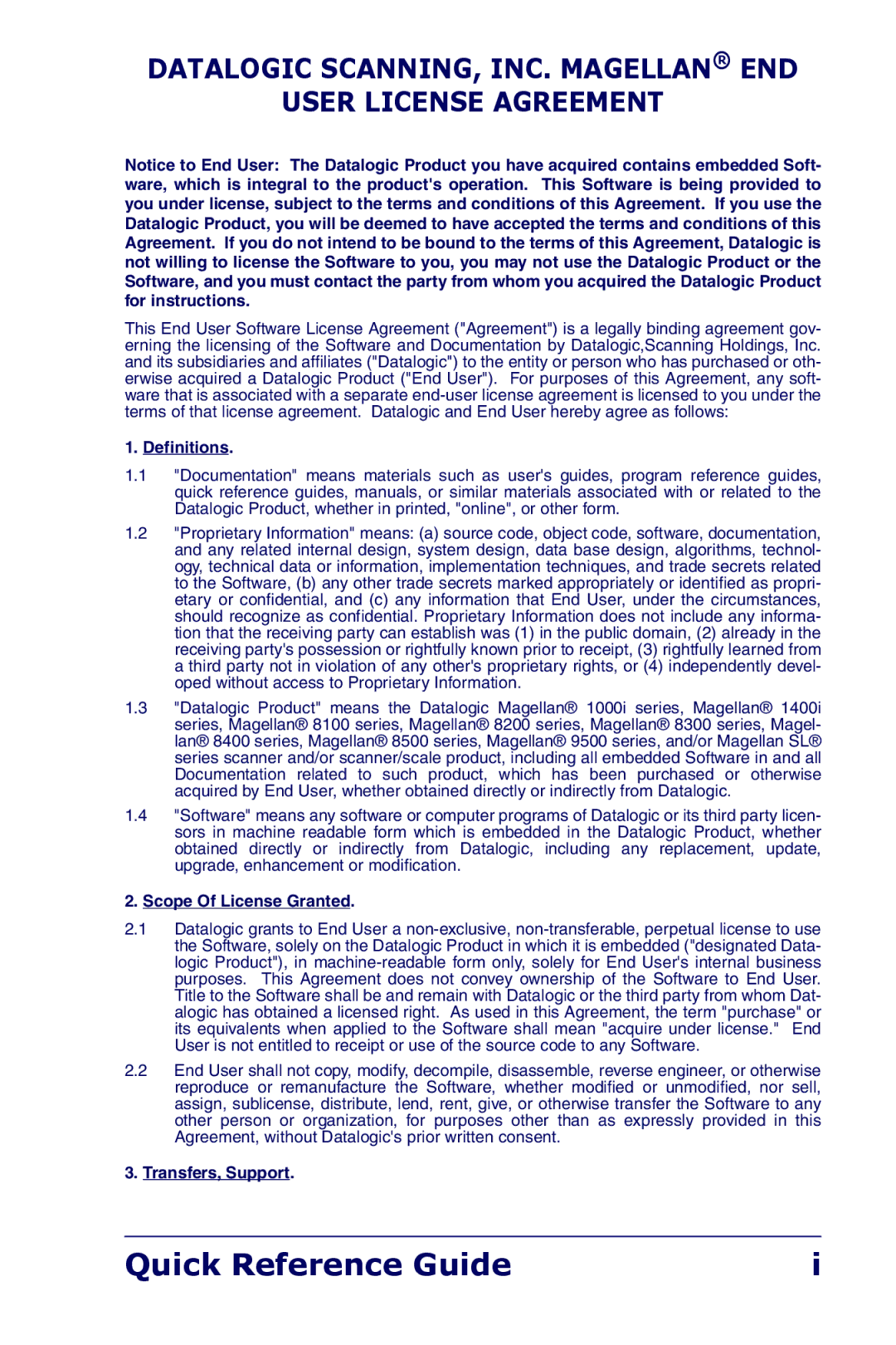 Datalogic Scanning 1000I manual Quick Reference Guide 