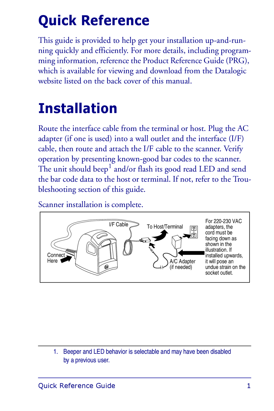 Datalogic Scanning 1000I manual Quick Reference, Installation 