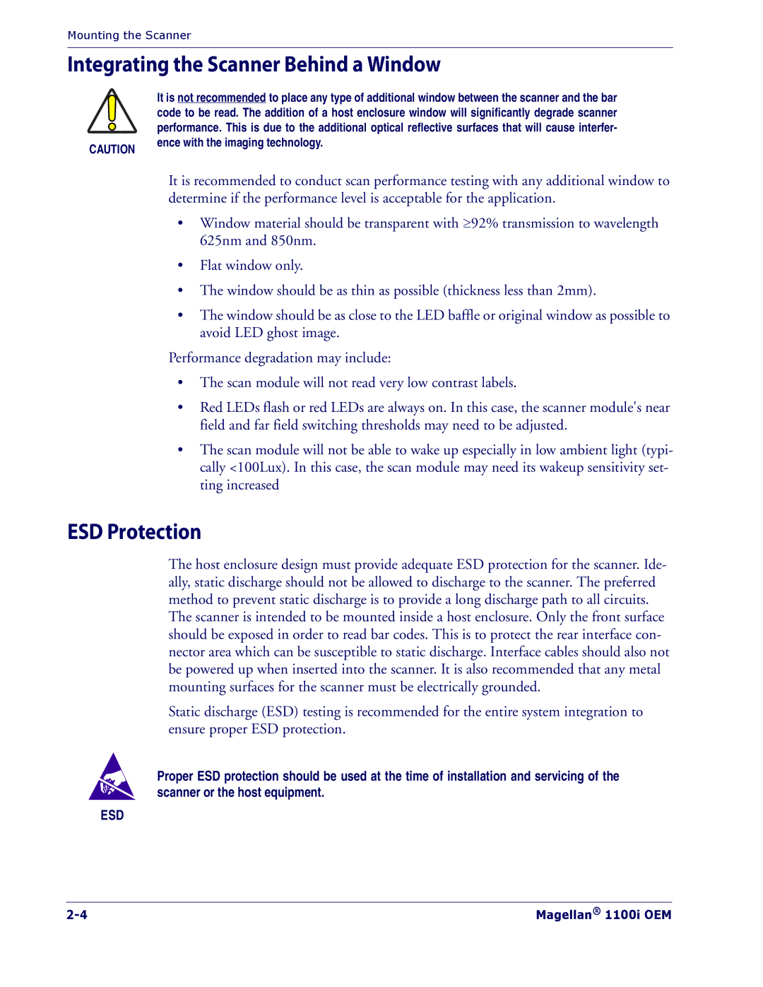 Datalogic Scanning 1100I OEM manual Integrating the Scanner Behind a Window, ESD Protection 