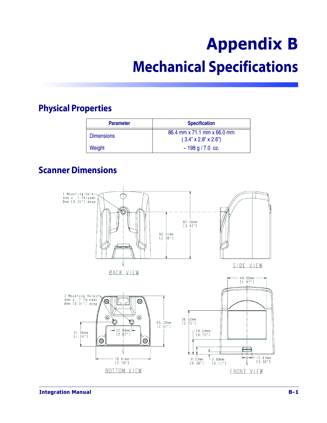 Datalogic Scanning 1100I OEM manual Mechanical Specifications, Physical Properties, Scanner Dimensions 