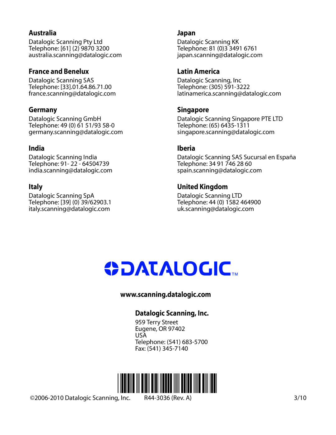 Datalogic Scanning 1100I OEM manual Australia Japan 