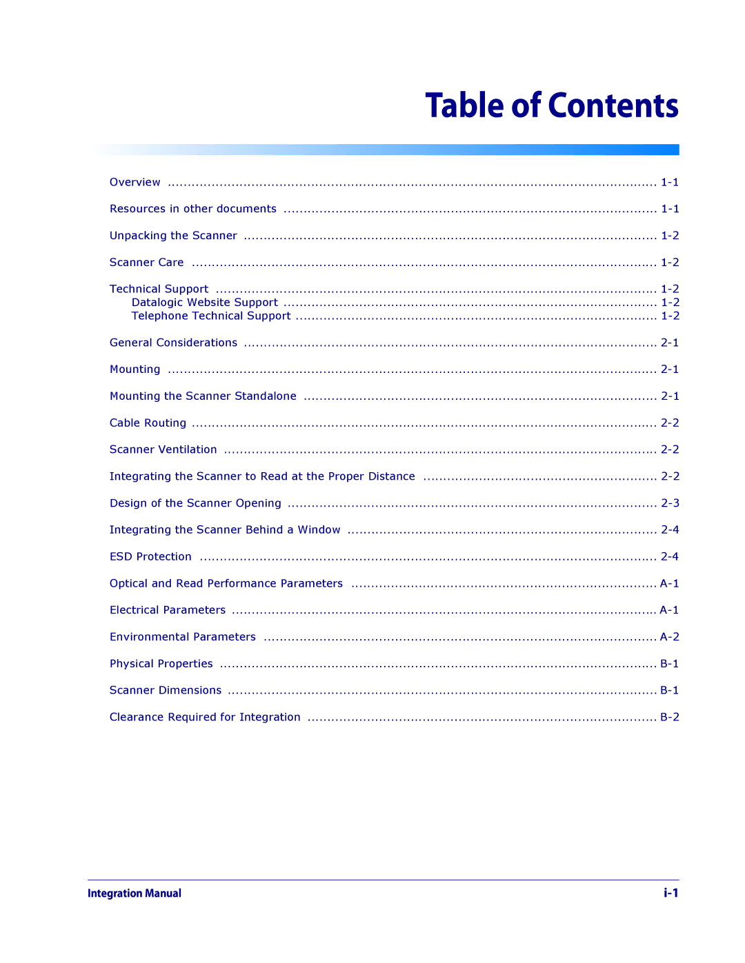 Datalogic Scanning 1100I OEM manual Table of Contents 