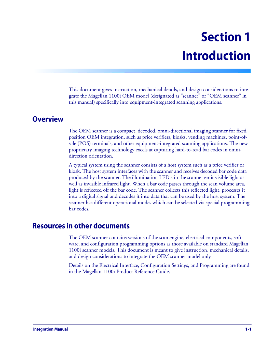 Datalogic Scanning 1100I OEM manual Section Introduction, Overview, Resources in other documents 