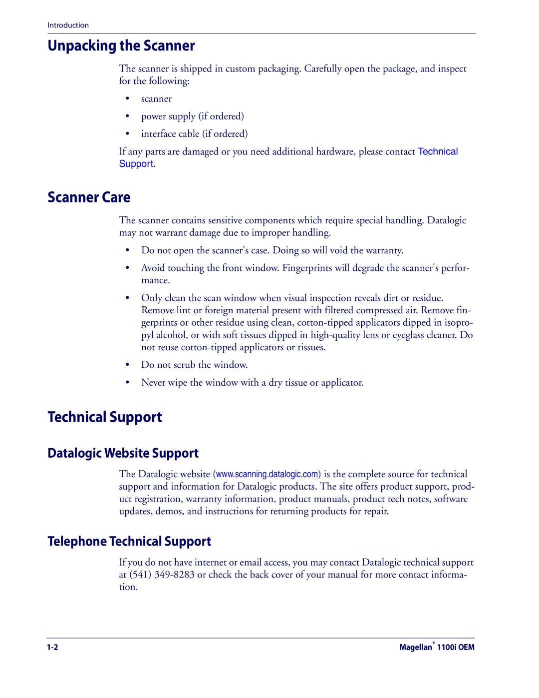 Datalogic Scanning 1100I OEM manual Unpacking the Scanner, Scanner Care, Technical Support 