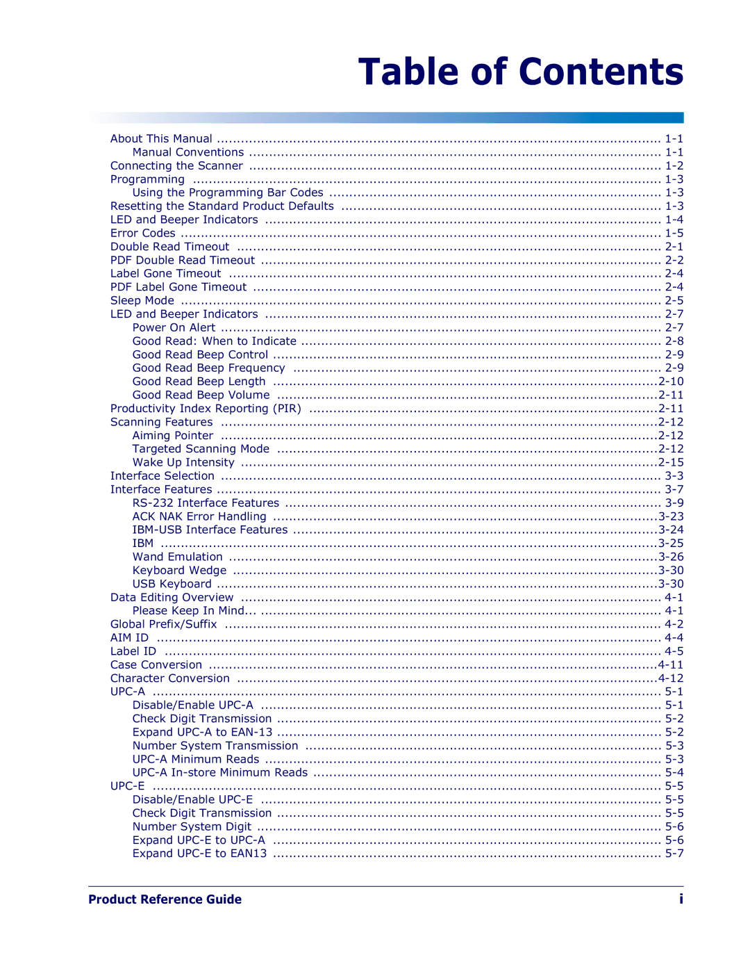 Datalogic Scanning 1400I manual Table of Contents 