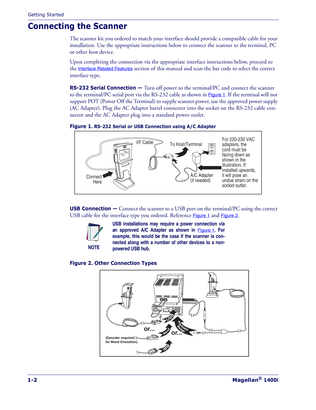 Datalogic Scanning 1400I manual Connecting the Scanner, An approved A/C Adapter as shown in . For 