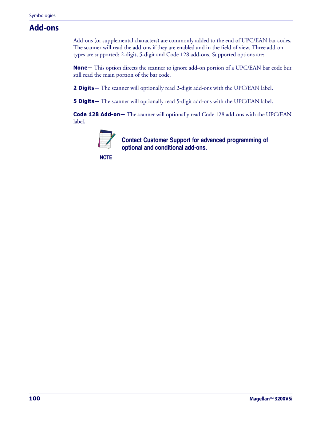 Datalogic Scanning 3200VSI manual Add-ons, 100 