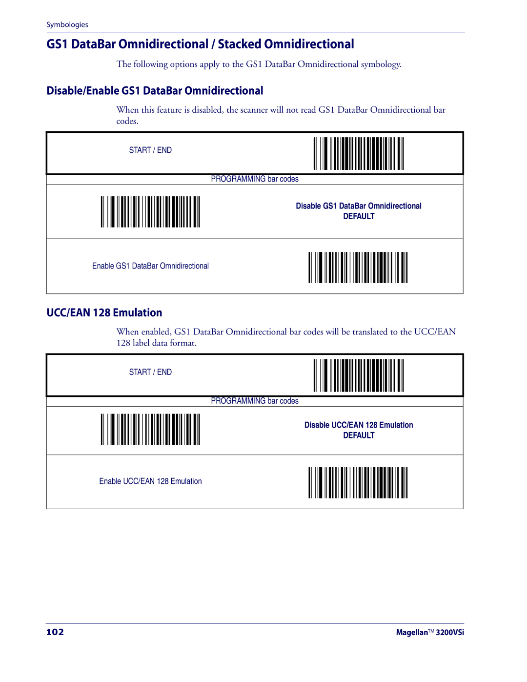 Datalogic Scanning 3200VSI manual GS1 DataBar Omnidirectional / Stacked Omnidirectional, UCC/EAN 128 Emulation, 102 