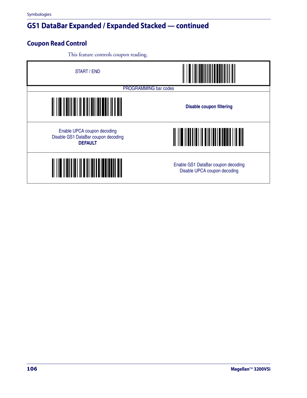 Datalogic Scanning 3200VSI manual Coupon Read Control, This feature controls coupon reading, 106 