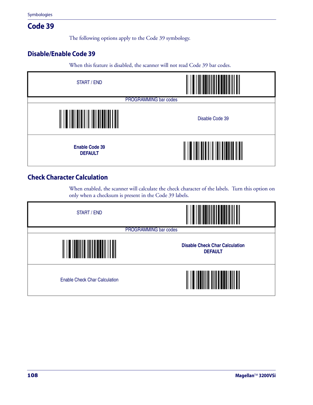 Datalogic Scanning 3200VSI manual Disable/Enable Code, Check Character Calculation, 108 