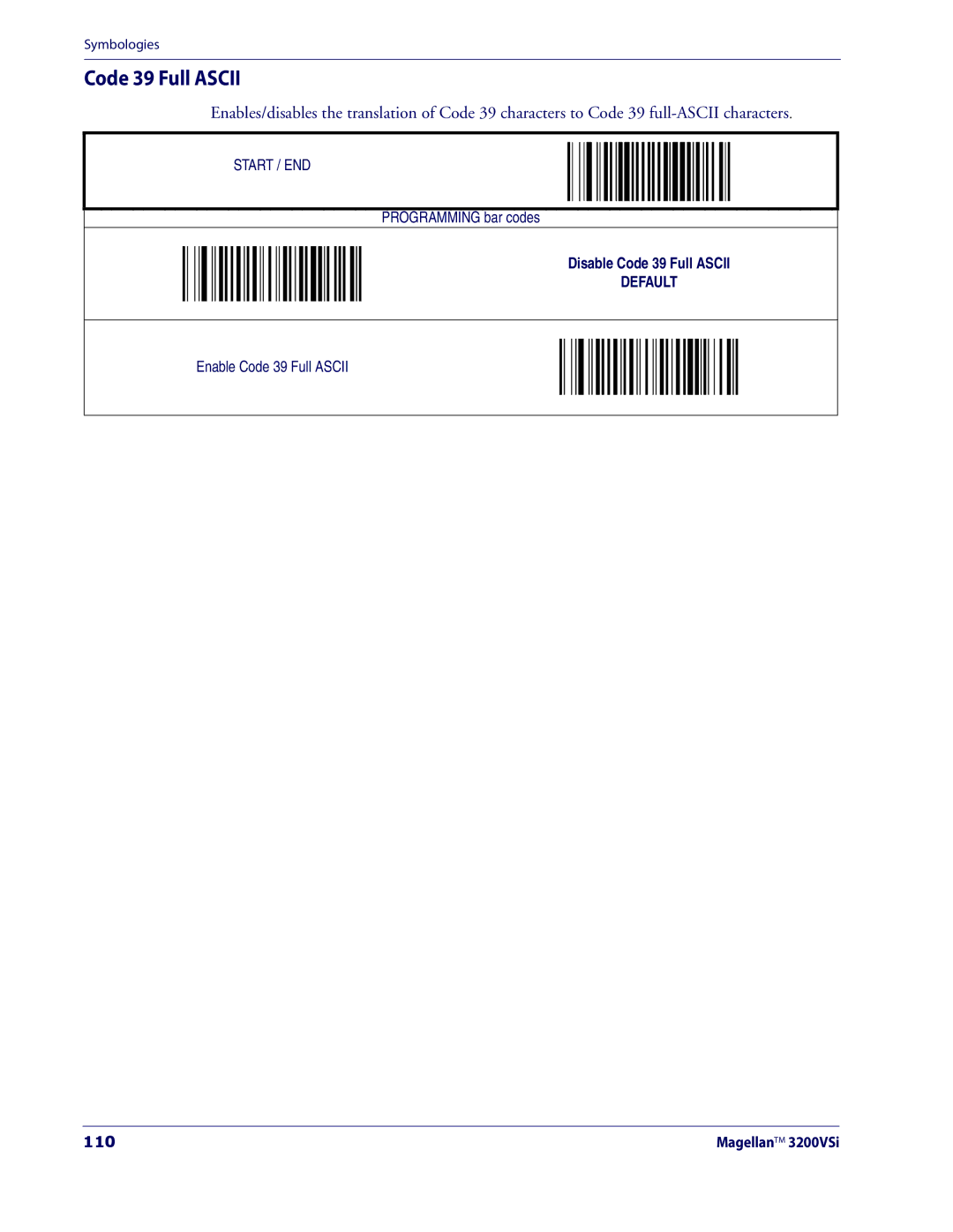 Datalogic Scanning 3200VSI manual Code 39 Full Ascii, 110 