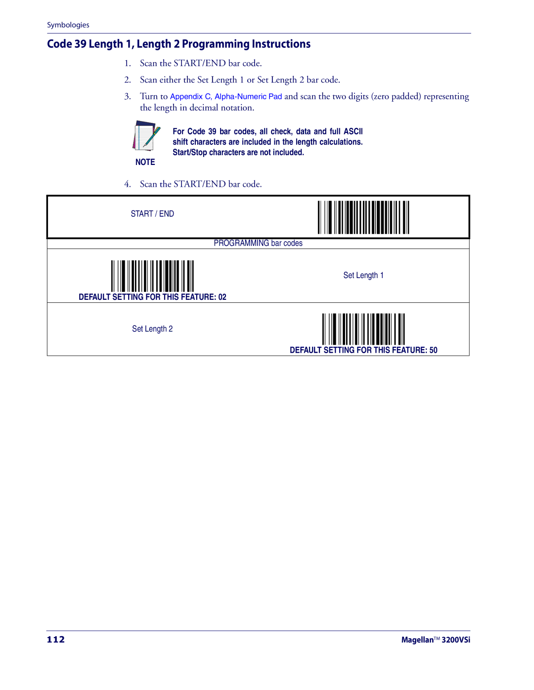 Datalogic Scanning 3200VSI manual Code 39 Length 1, Length 2 Programming Instructions, 112 