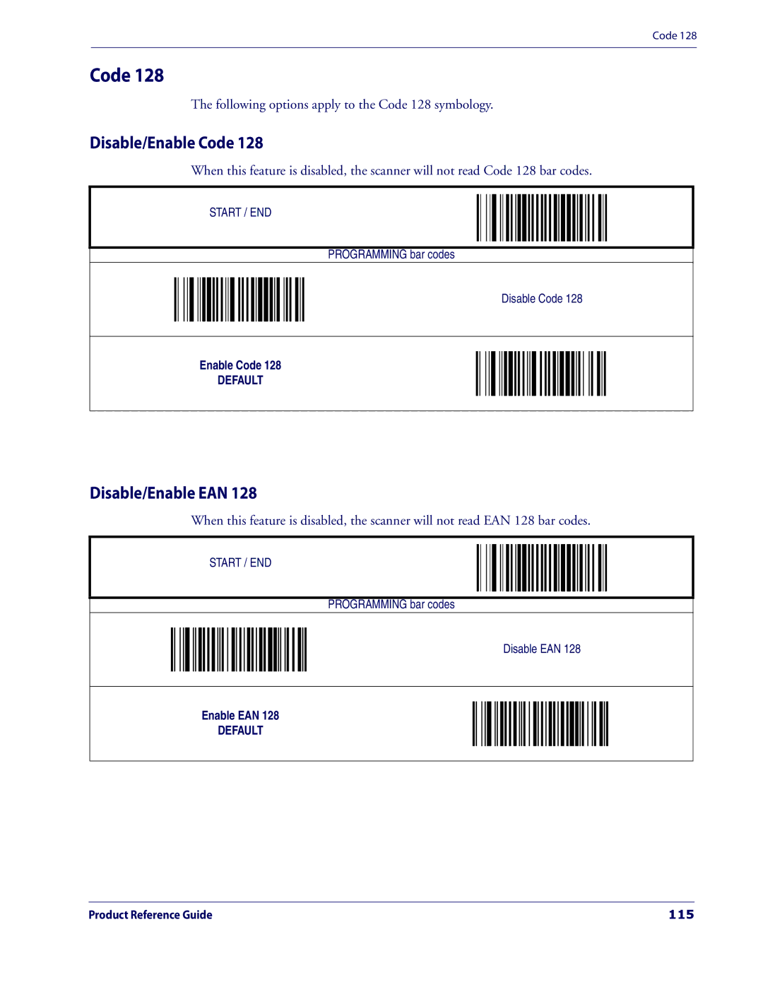 Datalogic Scanning 3200VSI manual Disable/Enable EAN, Following options apply to the Code 128 symbology, 115 