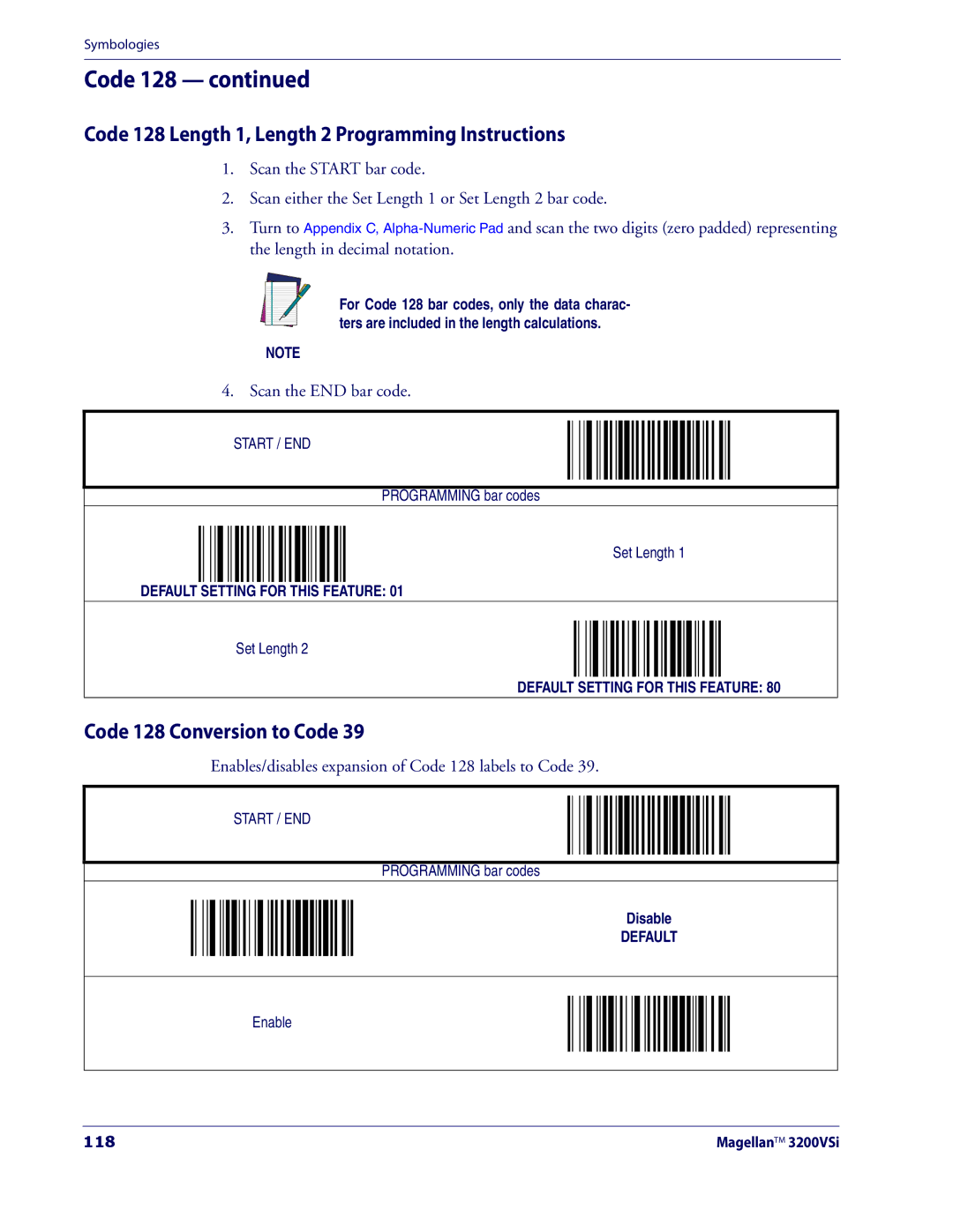 Datalogic Scanning 3200VSI manual Code 128 Length 1, Length 2 Programming Instructions, Code 128 Conversion to Code, 118 