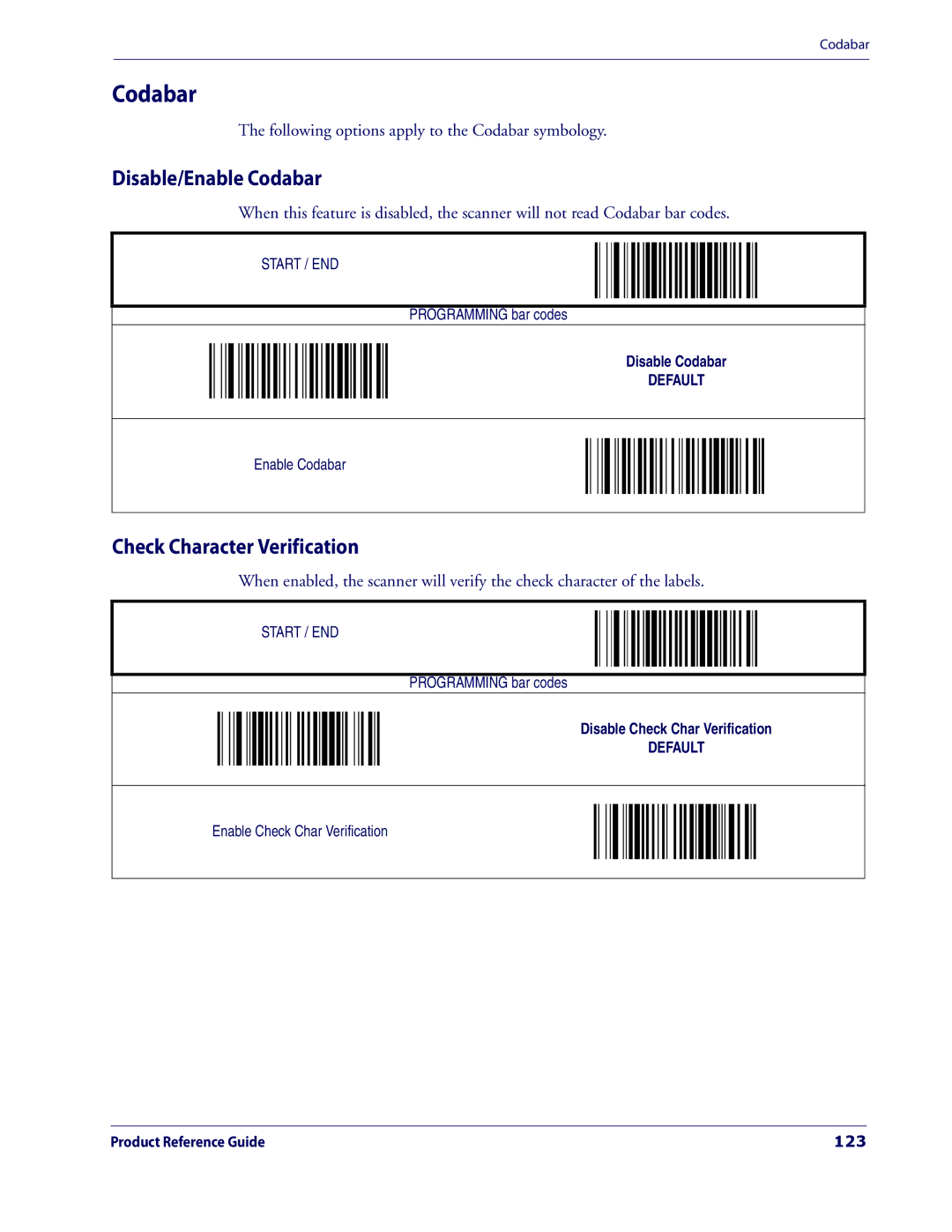 Datalogic Scanning 3200VSI manual Disable/Enable Codabar, Check Character Verification, 123 