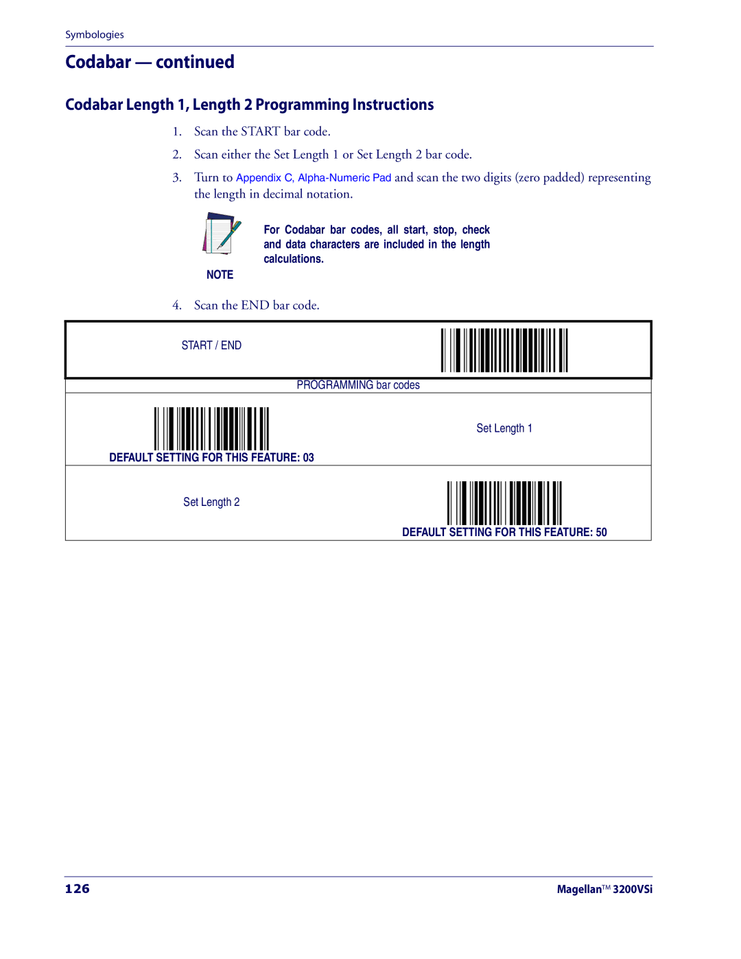 Datalogic Scanning 3200VSI manual Codabar Length 1, Length 2 Programming Instructions, 126 