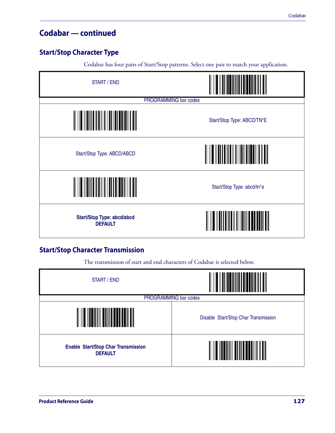 Datalogic Scanning 3200VSI manual Start/Stop Character Type, Start/Stop Character Transmission, 127 