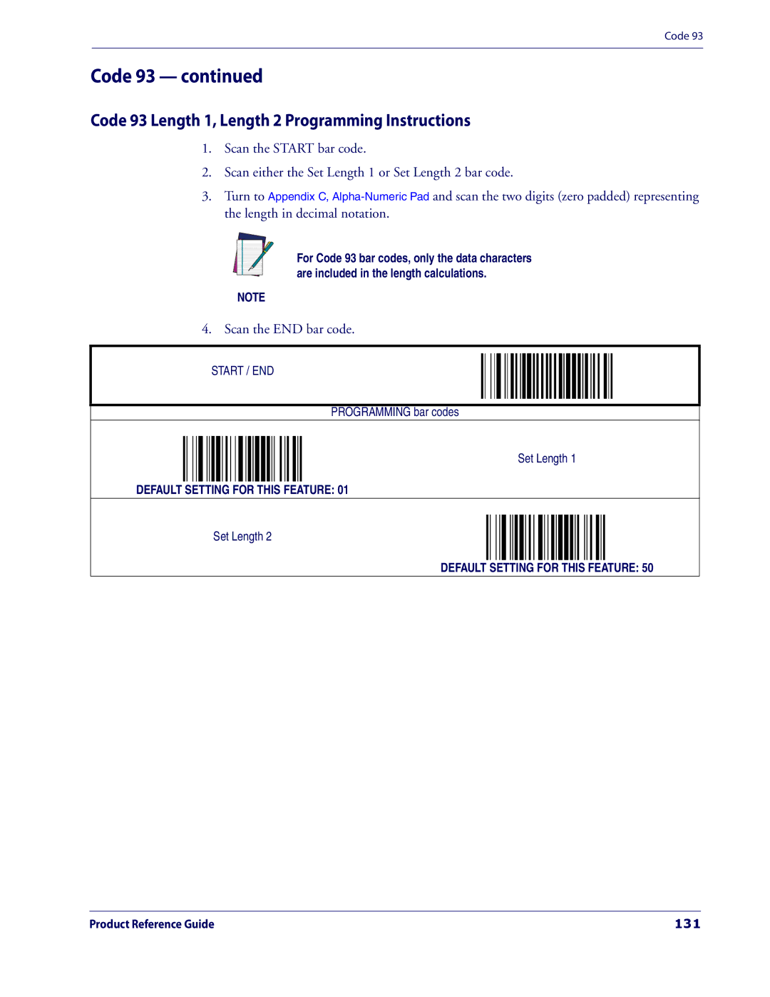 Datalogic Scanning 3200VSI manual Code 93 Length 1, Length 2 Programming Instructions, 131 