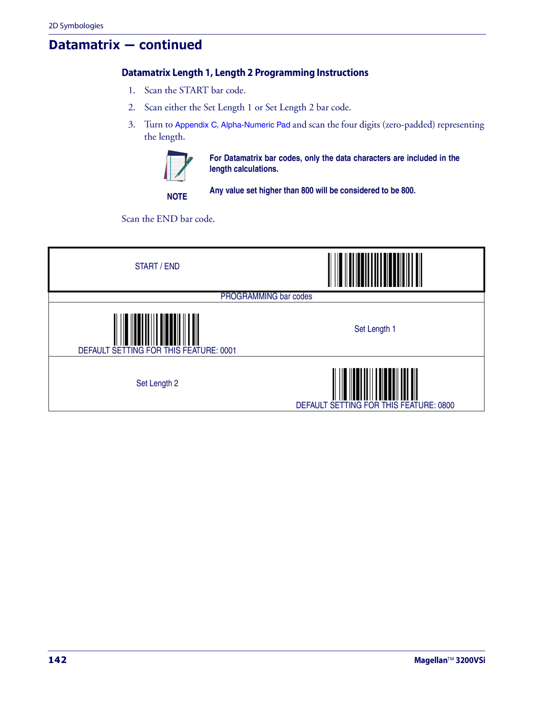 Datalogic Scanning 3200VSI manual Datamatrix Length 1, Length 2 Programming Instructions, 142 