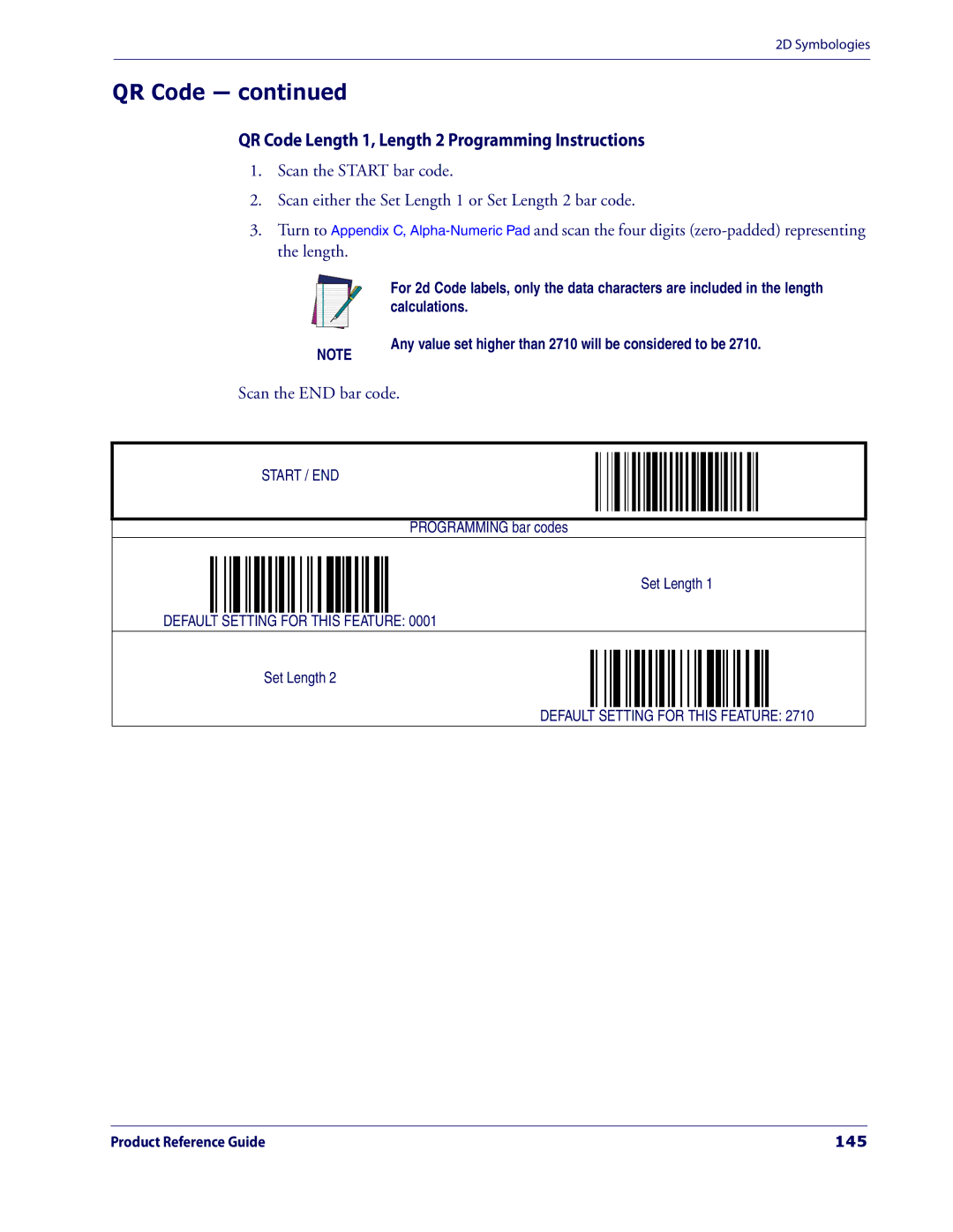 Datalogic Scanning 3200VSI manual QR Code Length 1, Length 2 Programming Instructions, 145 