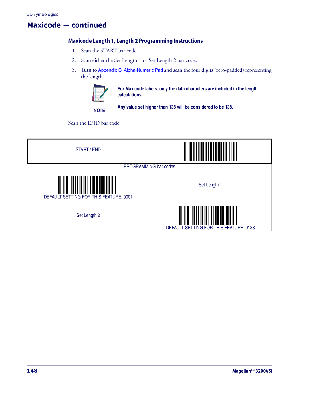 Datalogic Scanning 3200VSI manual Maxicode Length 1, Length 2 Programming Instructions, 148 