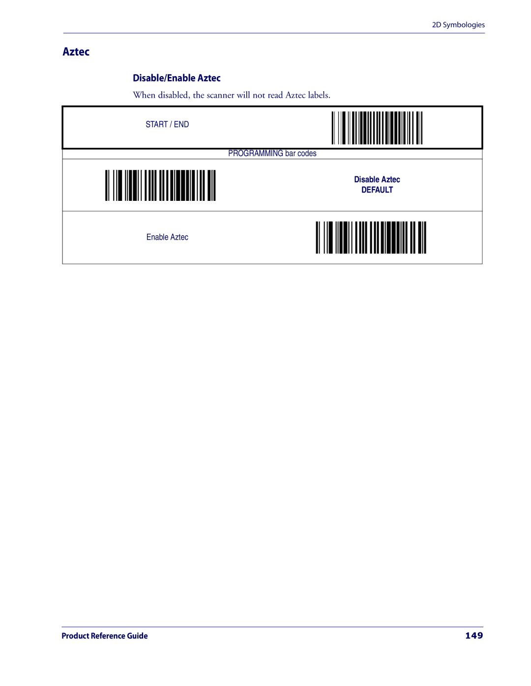 Datalogic Scanning 3200VSI manual Disable/Enable Aztec, When disabled, the scanner will not read Aztec labels, 149 