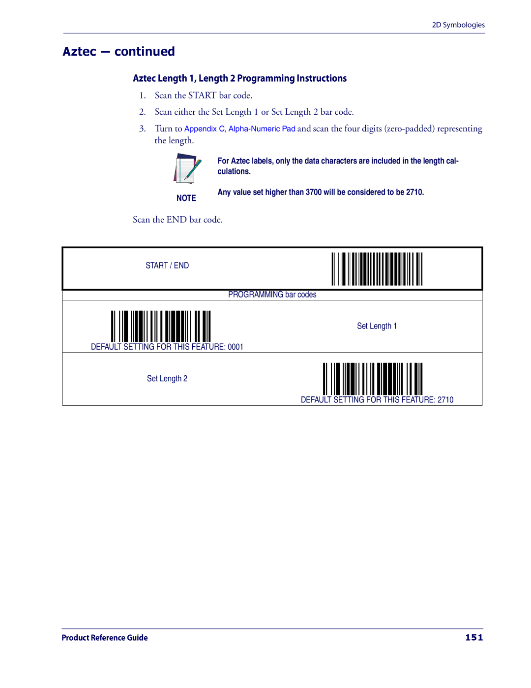 Datalogic Scanning 3200VSI manual Aztec Length 1, Length 2 Programming Instructions, 151 