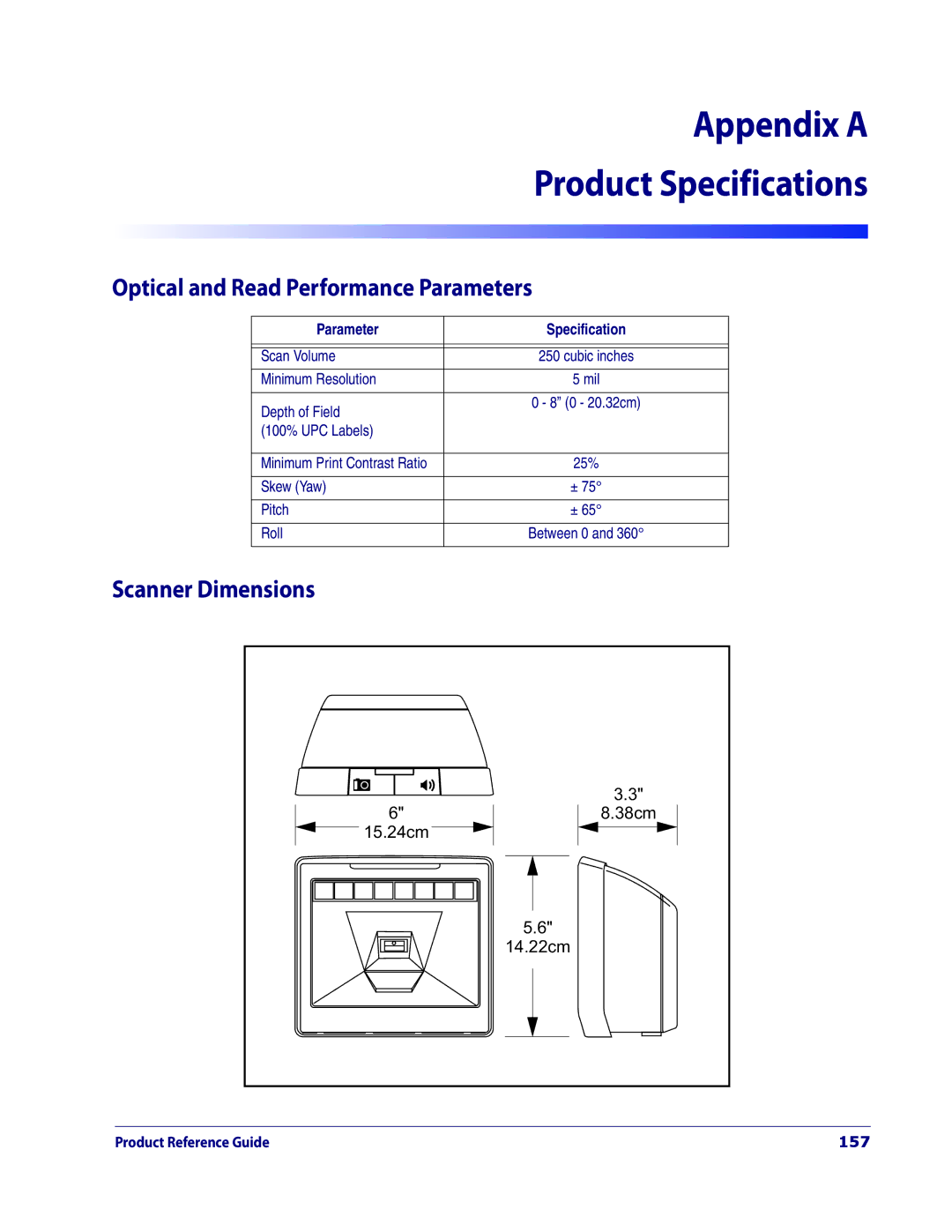 Datalogic Scanning 3200VSI manual Optical and Read Performance Parameters, Scanner Dimensions, 157 