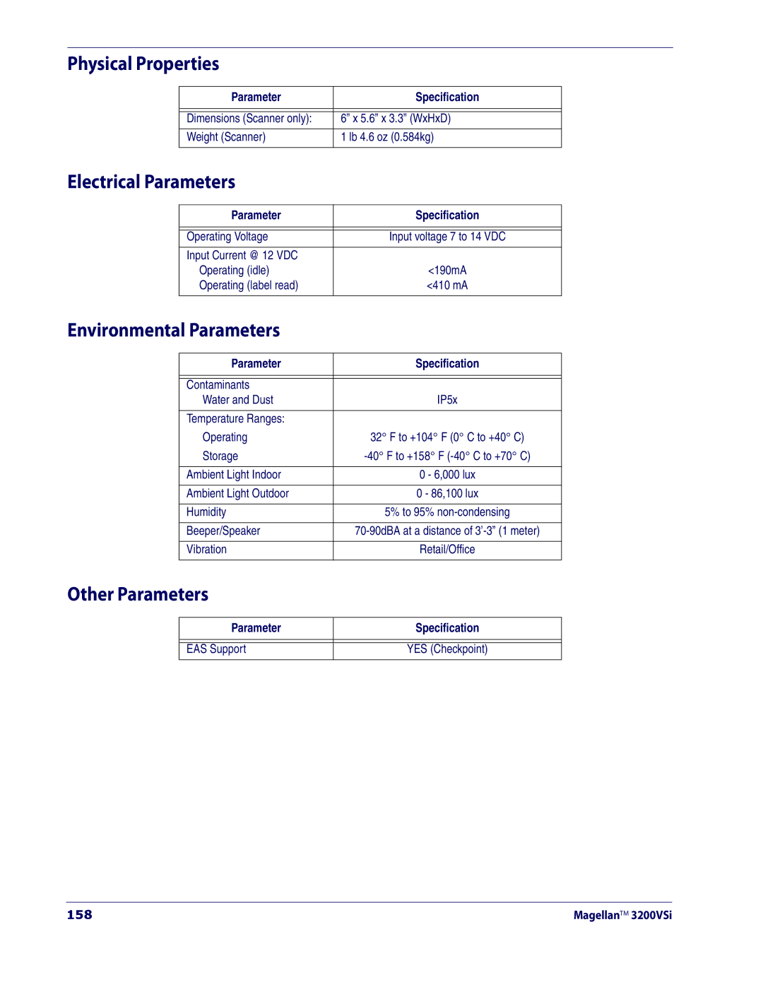 Datalogic Scanning 3200VSI Physical Properties, Electrical Parameters, Environmental Parameters, Other Parameters, 158 