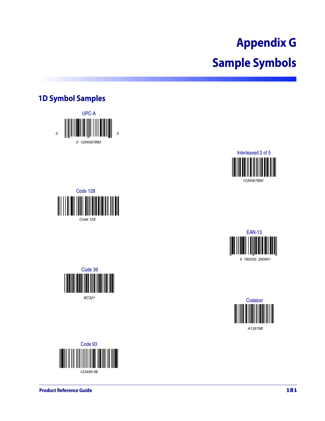 Datalogic Scanning 3200VSI manual 1D Symbol Samples, 181 