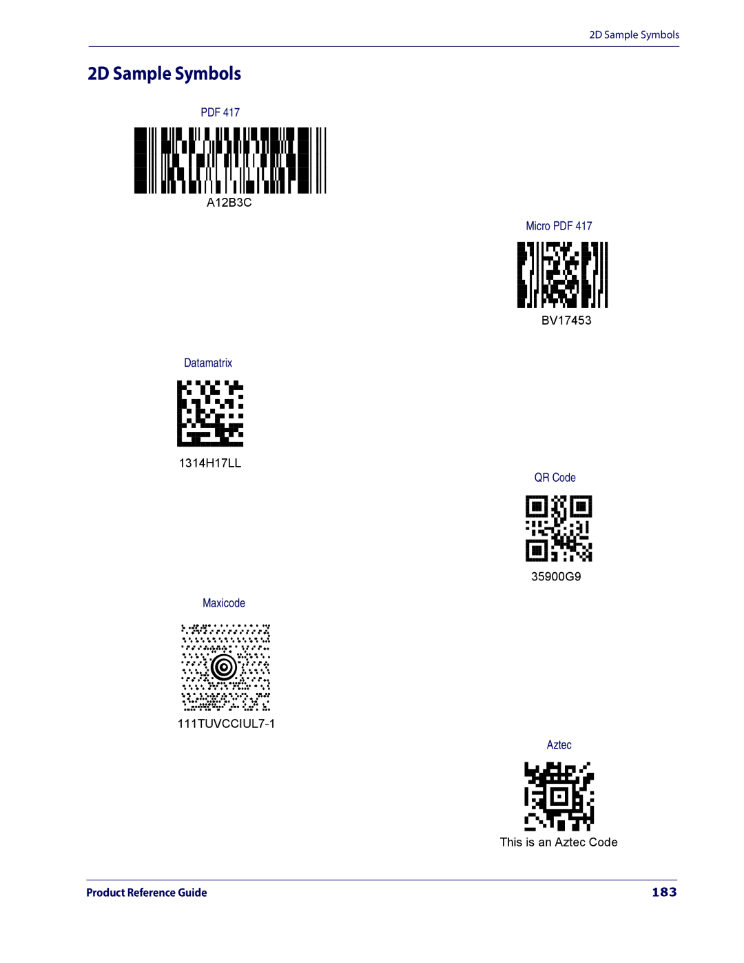 Datalogic Scanning 3200VSI manual 2D Sample Symbols, 183 