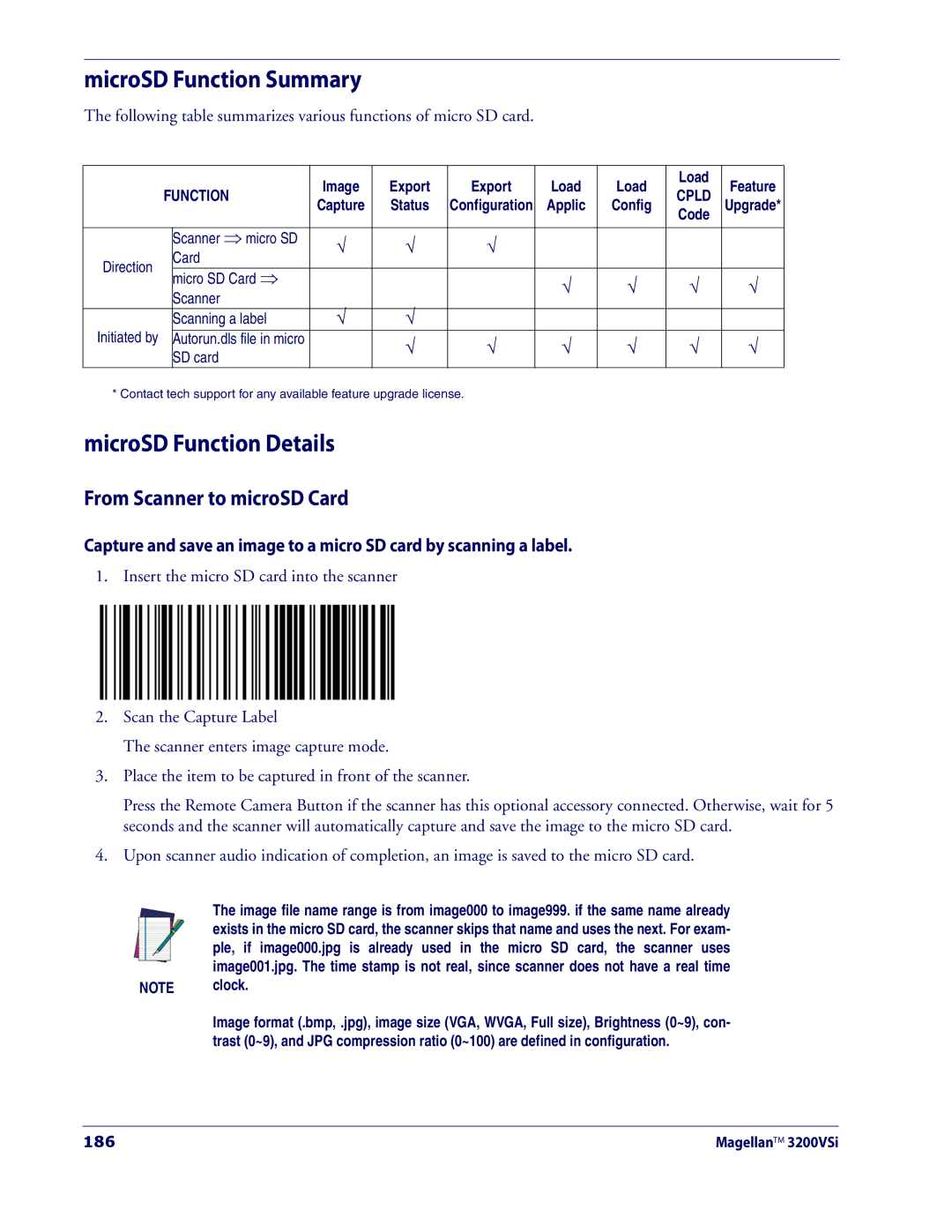 Datalogic Scanning 3200VSI manual MicroSD Function Summary, MicroSD Function Details, From Scanner to microSD Card, 186 