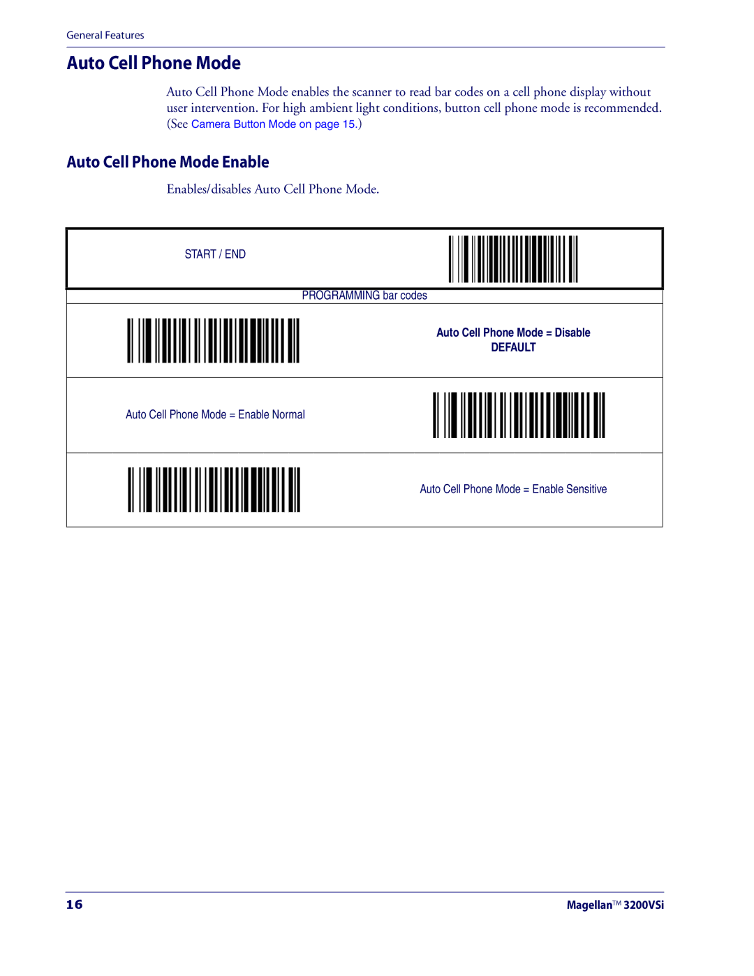 Datalogic Scanning 3200VSI manual Auto Cell Phone Mode Enable, Enables/disables Auto Cell Phone Mode 