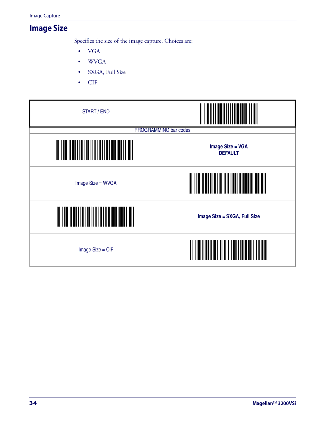 Datalogic Scanning 3200VSI manual Image Size, Specifies the size of the image capture. Choices are, SXGA, Full Size 