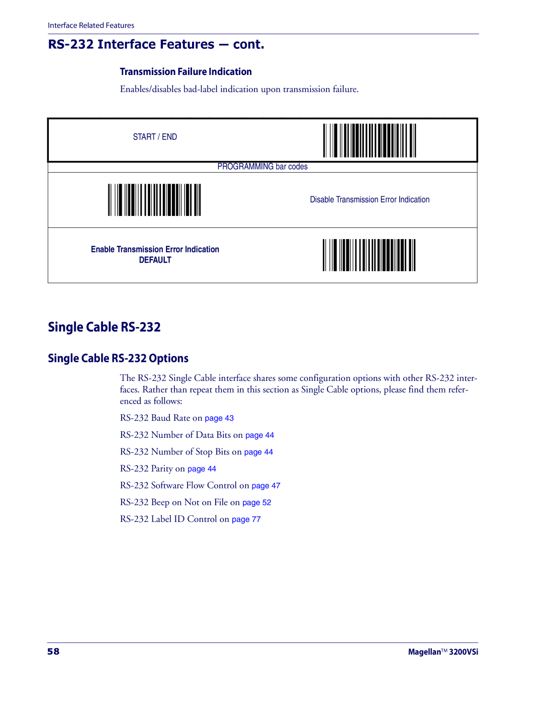 Datalogic Scanning 3200VSI manual Single Cable RS-232 Options, Transmission Failure Indication 