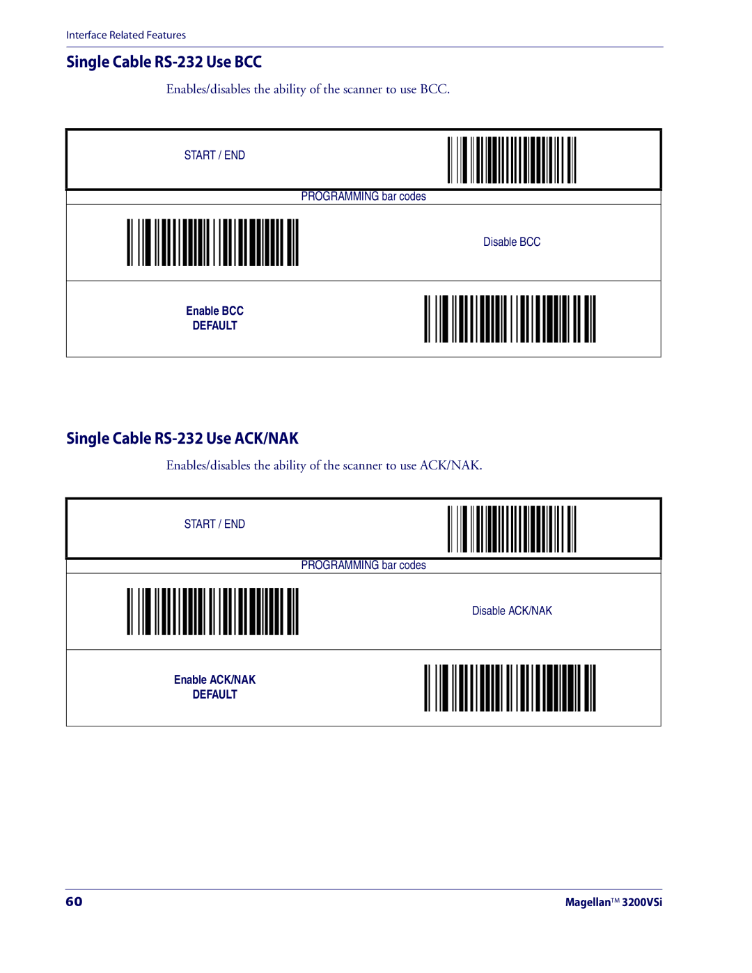 Datalogic Scanning 3200VSI manual Single Cable RS-232 Use BCC, Single Cable RS-232 Use ACK/NAK 