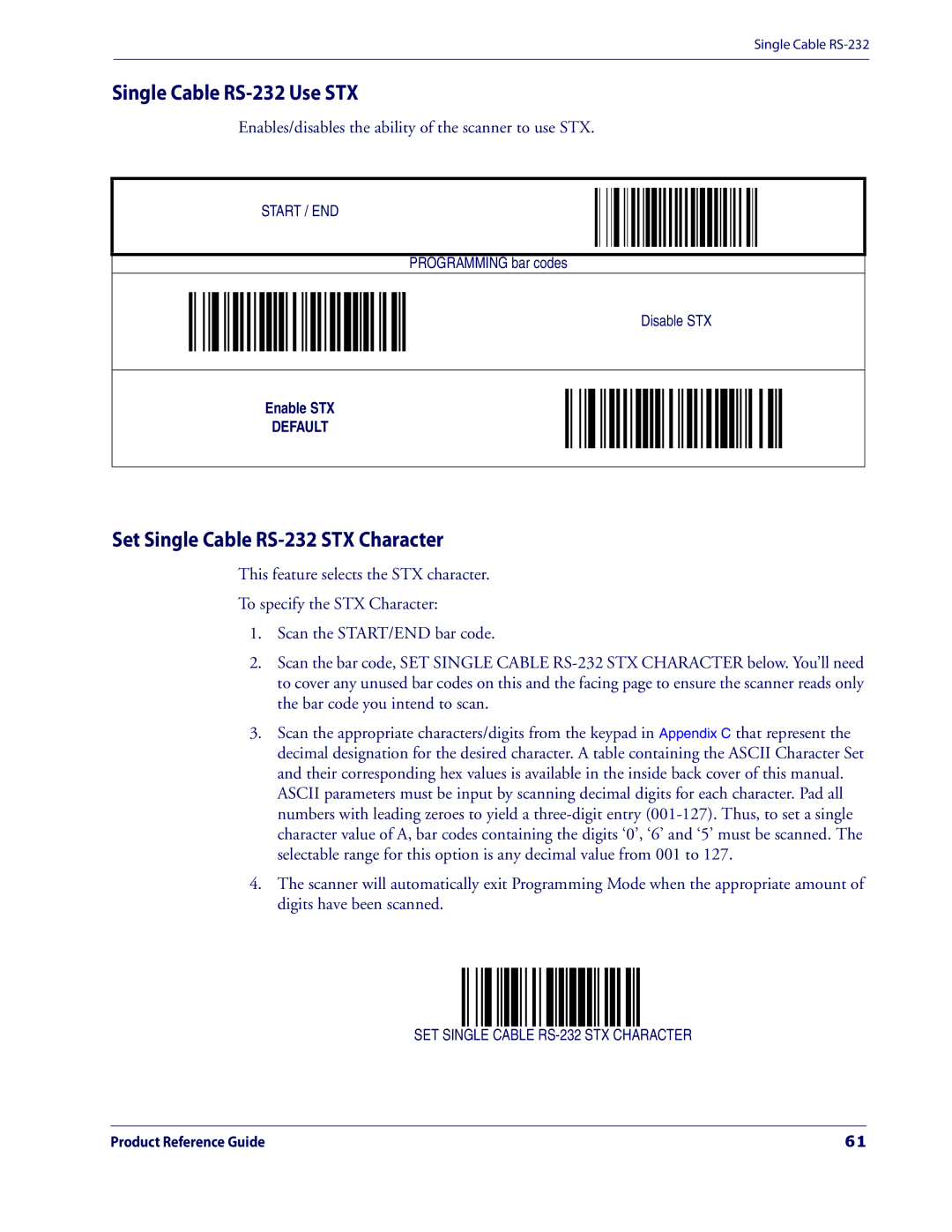 Datalogic Scanning 3200VSI manual Single Cable RS-232 Use STX, Set Single Cable RS-232 STX Character 