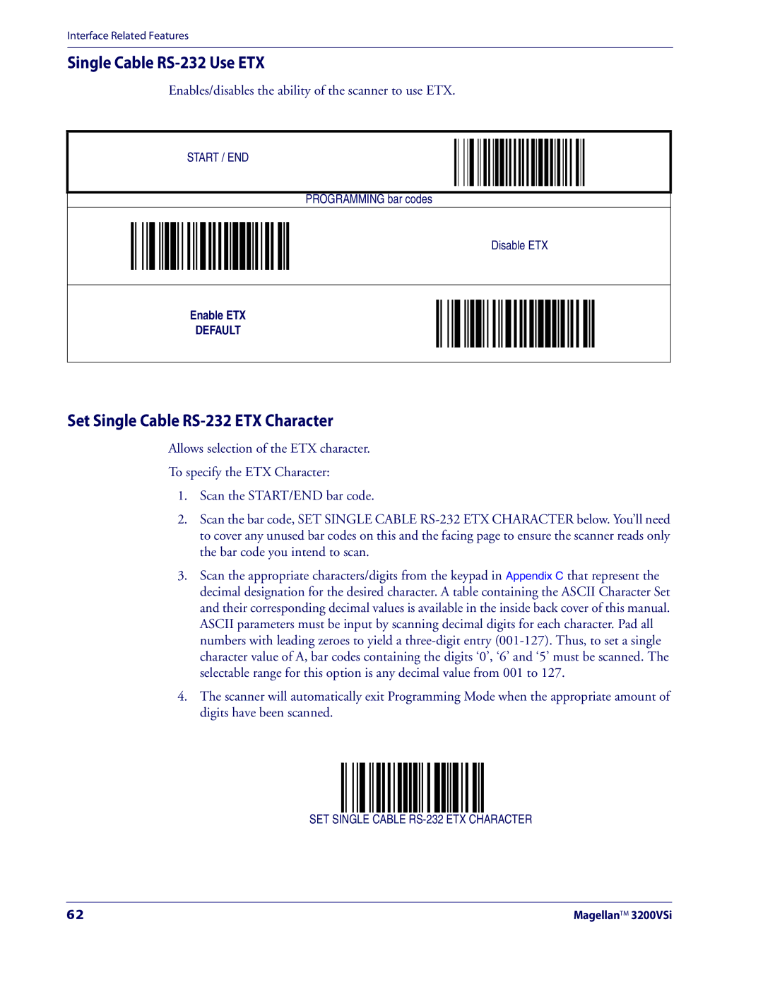 Datalogic Scanning 3200VSI manual Single Cable RS-232 Use ETX, Set Single Cable RS-232 ETX Character 