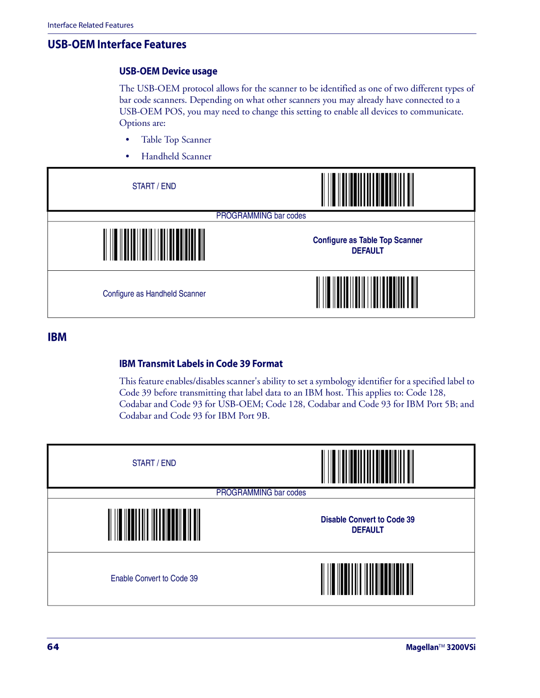 Datalogic Scanning 3200VSI manual USB-OEM Interface Features, USB-OEM Device usage, IBM Transmit Labels in Code 39 Format 