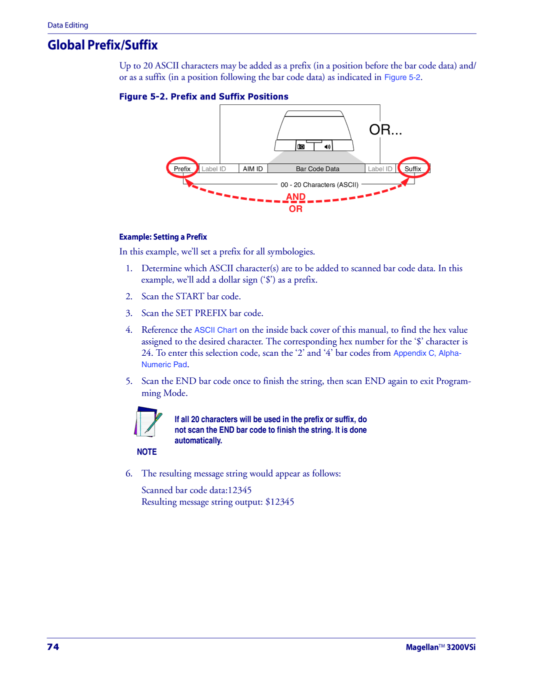 Datalogic Scanning 3200VSI manual Global Prefix/Suffix, Prefix and Suffix Positions 