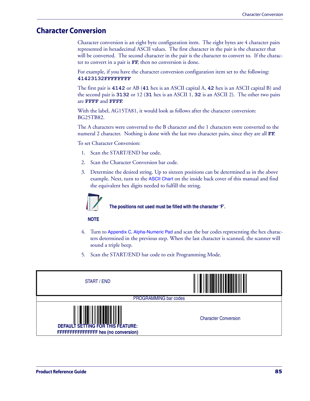 Datalogic Scanning 3200VSI manual Character Conversion, 41423132FFFFFFFF 