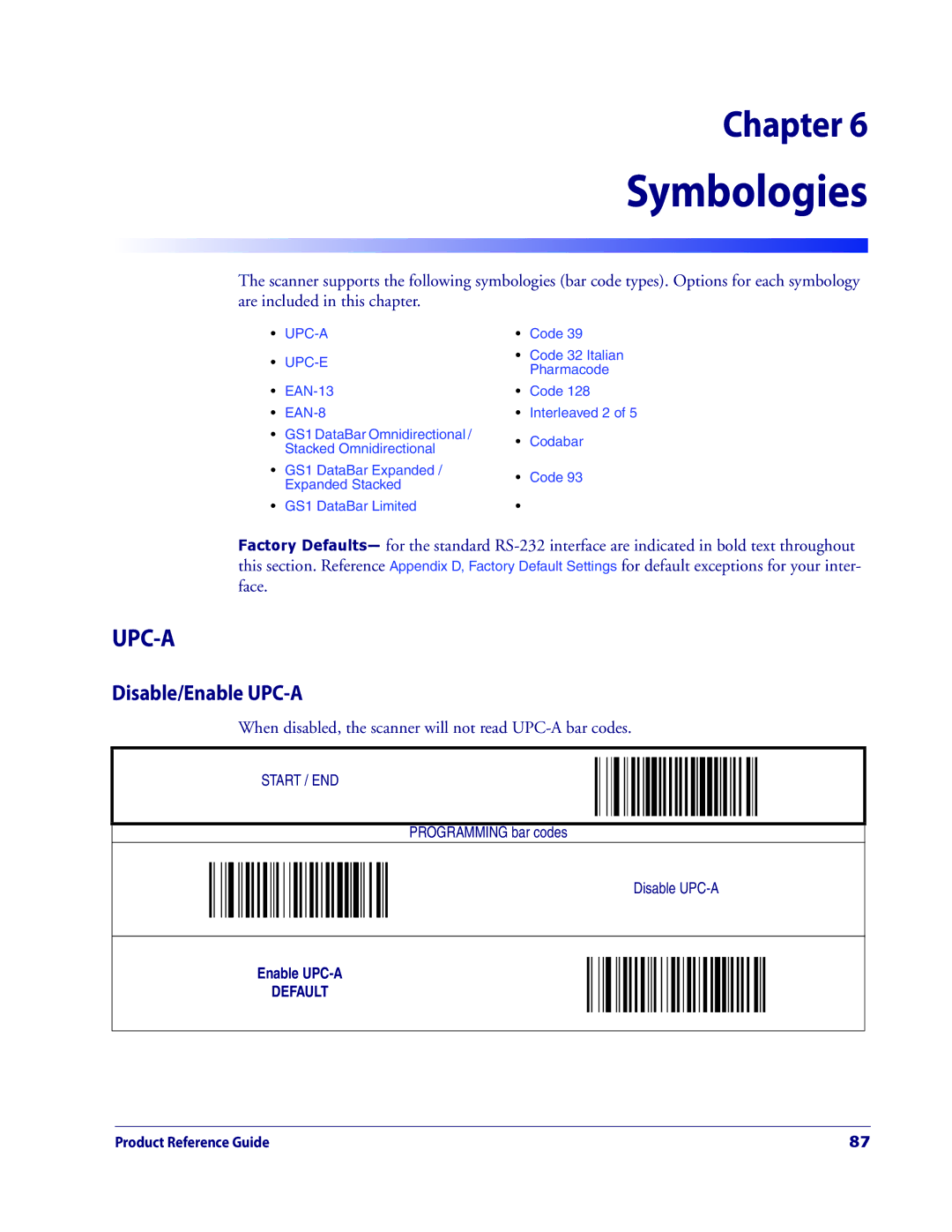 Datalogic Scanning 3200VSI manual Disable/Enable UPC-A, When disabled, the scanner will not read UPC-A bar codes 