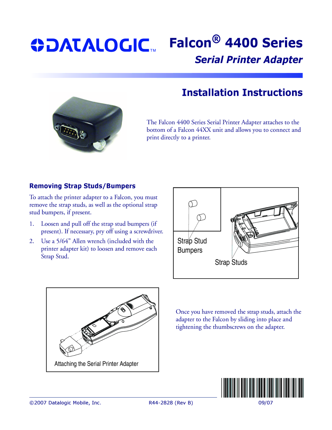 Datalogic Scanning 4400 SERIES installation instructions Falcon 4400 Series, Serial Printer Adapter, Strap Stud, Bumpers 